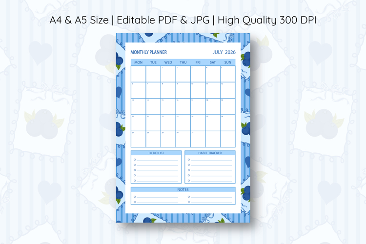 Blueberry Coquette Stripe Monthly Planner For July 2026