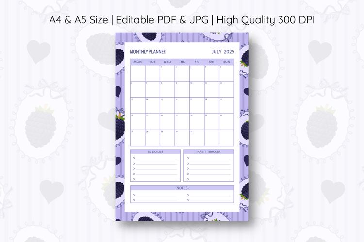 Blackberry Coquette Stripe Monthly Planner For July 2026