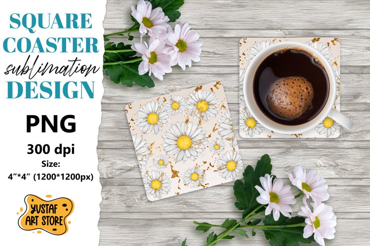 Flowers square coaster design. Daisy sublimation coaster example image 1