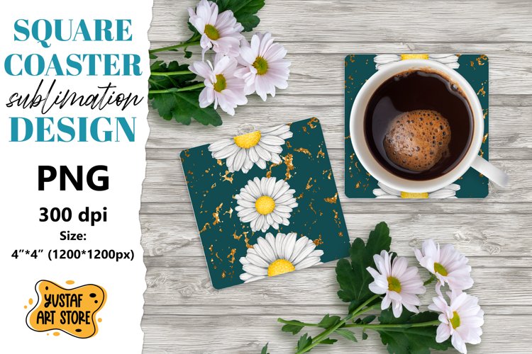 Flowers square coaster design. Daisy sublimation coaster