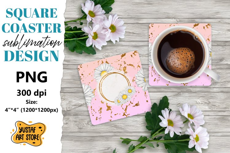 Flowers square coaster design. Daisy sublimation coaster example image 1