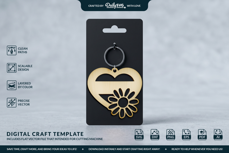 Daisy Flower Heart Keychain Laser Cut