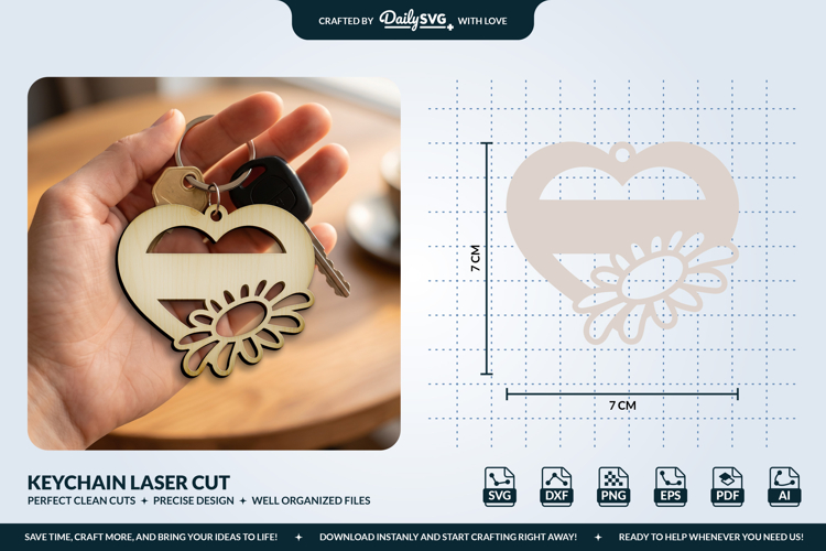 Daisy Flower Heart Keychain Laser Cut