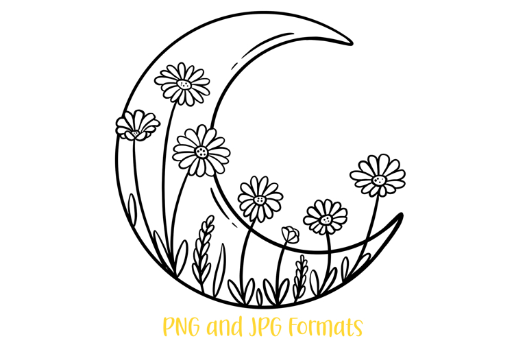 Daisy Flowers and Moon Wreath Flower Illustration Clipart
