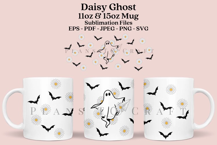 Daisy Ghost Halloween coffee mug sublimation wrap glass mug wrap svg presized for 11oz and 15oz glass mug are sublimation files