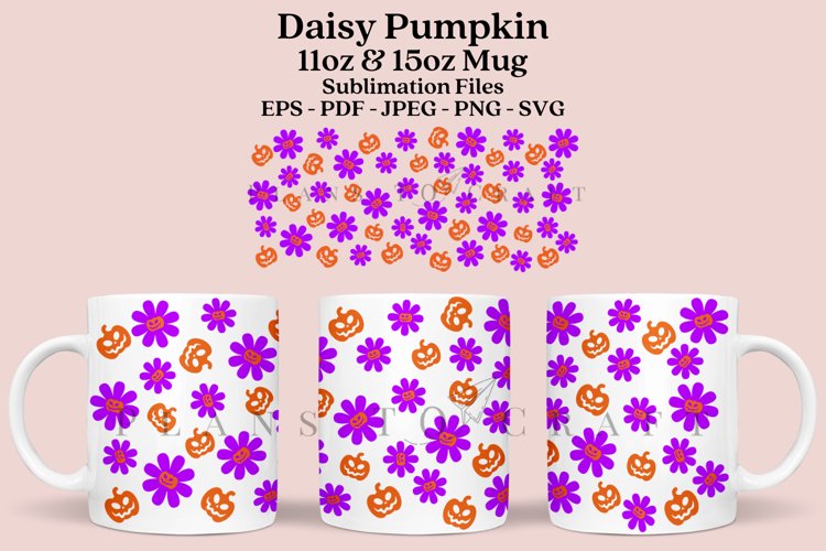 Daisy Pumpkin Autumn coffee mug sublimation wrap glass mug wrap svg presized for 11oz and 15oz glass mug are sublimation files