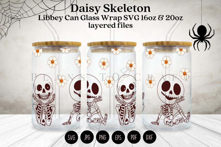 Daisy Skeleton Halloween Libbey Glass Can Wrap SVG