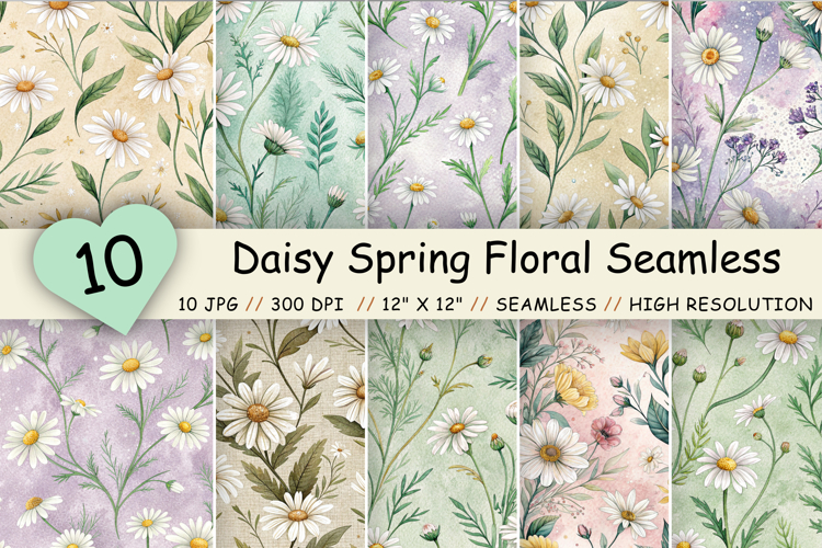 Daisy Spring Floral Seamless Pattern Bundle, Soft Pastel