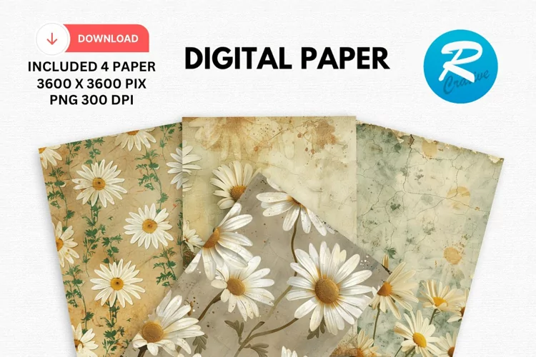 Vintage Daisy Flower Digital Paper, Daisy Flowers Background