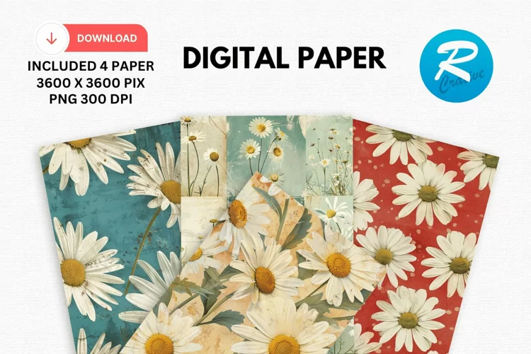 Vintage Daisy Flower Digital Paper, Daisy Flowers Background