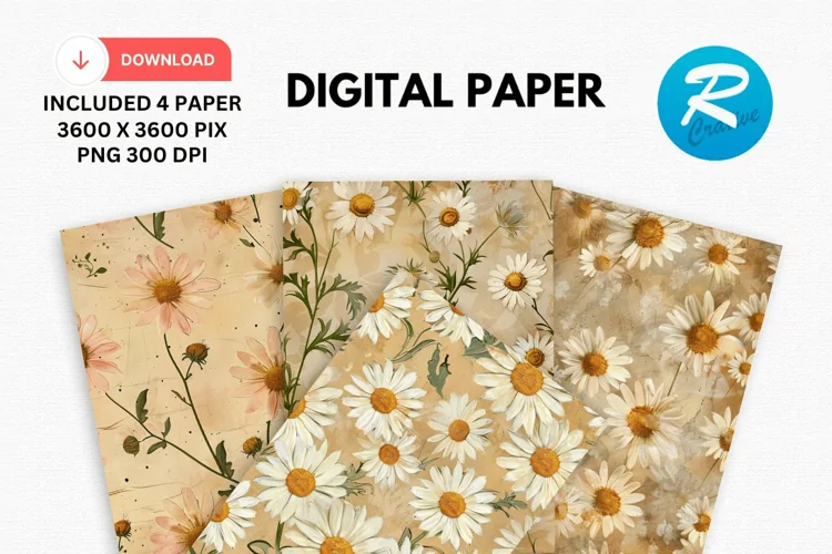 Vintage Daisy Flower Digital Paper, Daisy Flowers Background