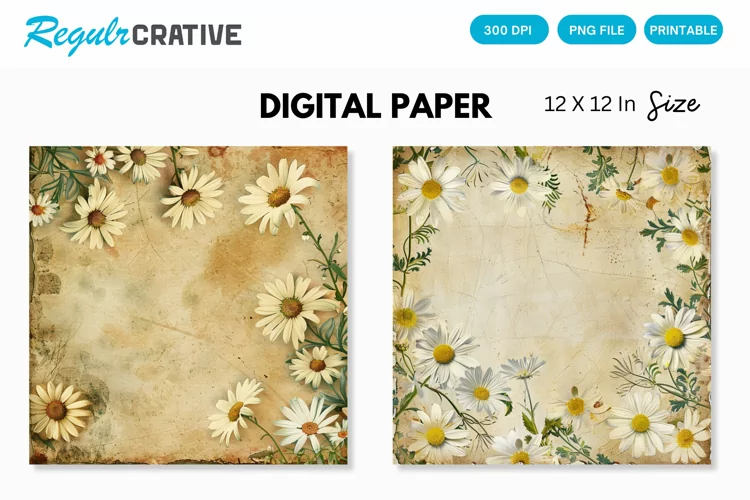 Vintage Daisy Flower Digital Paper, Daisy Vintage Background