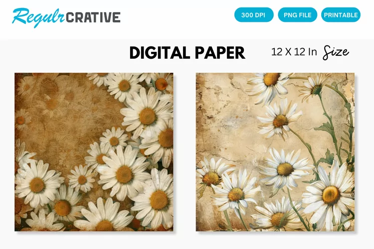 Vintage Daisy Flower Digital Paper, Daisy Vintage Background