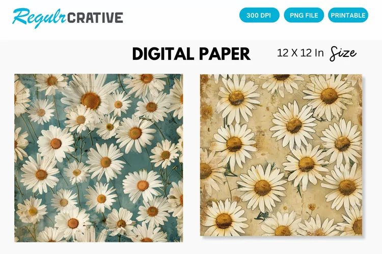 Vintage Daisy Flower Digital Paper, Daisy Vintage Background