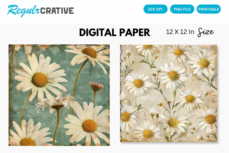 Vintage Daisy Flower Digital Paper, Daisy Vintage Background