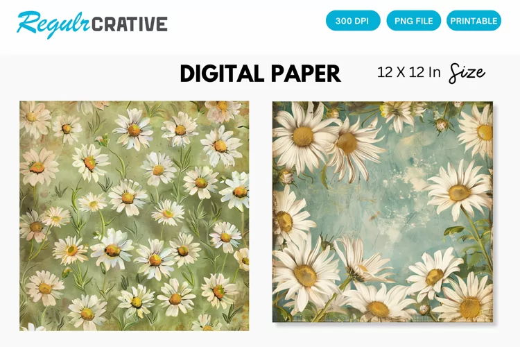 Vintage Daisy Flower Digital Paper, Daisy Vintage Background