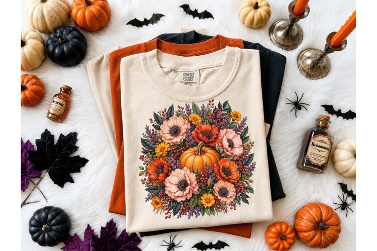 Fall Pumpkin Floral Bouquet PNG Shirt example image 1