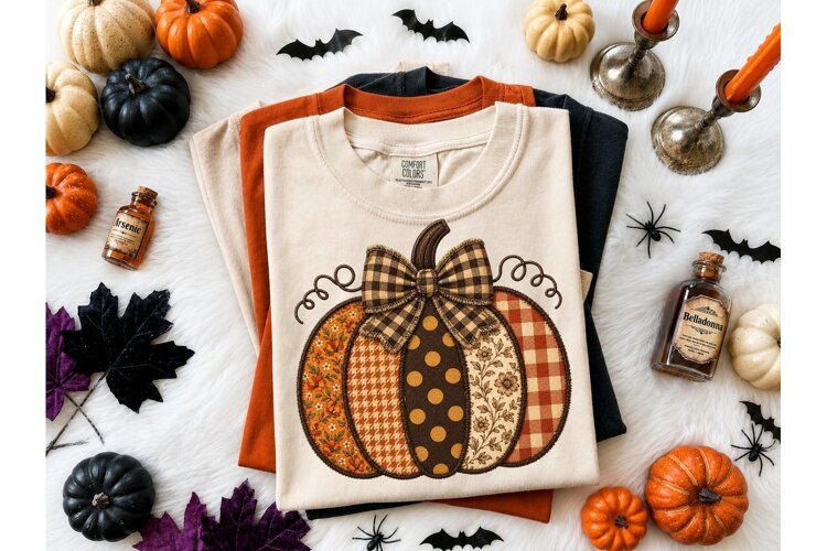 Patchwork Pumpkin Fall PNG Shirt Design example image 1