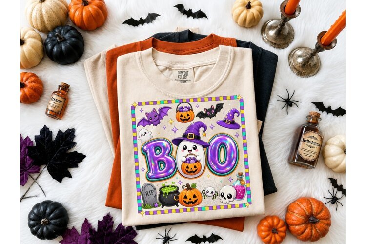 Cute BOO Halloween Ghost PNG Shirt Desig example image 1