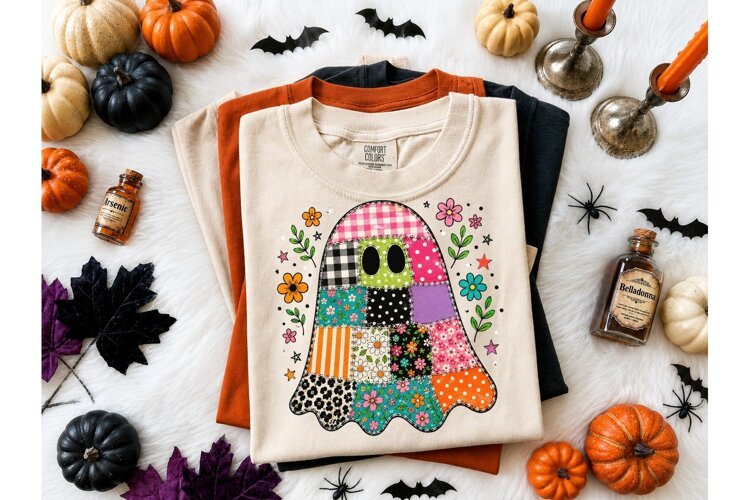 Patchwork Ghost Floral Halloween PNG Tee-Patchwork Ghost Flo example image 1