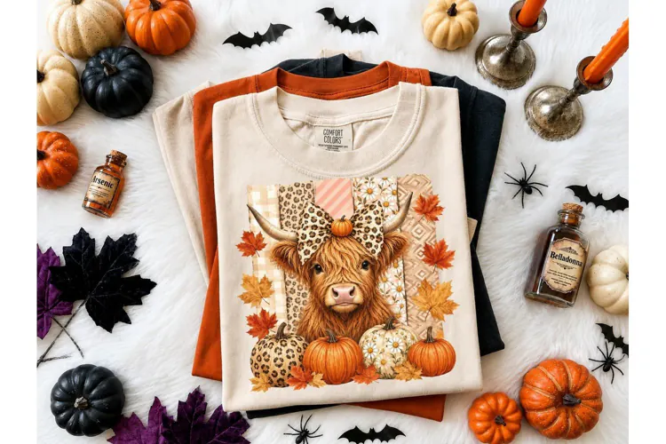 Highland Cow Fall Pumpkin PNG Sublimatio