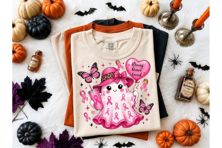 Breast Cancer Ghost Halloween PNG Tee example image 1