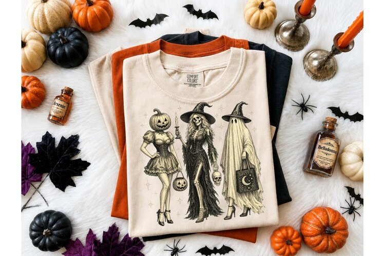 Halloween Trio Witch Ghost PNG Tee Desig example image 1