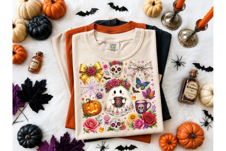 Halloween Ghost Floral PNG Shirt Design example image 1