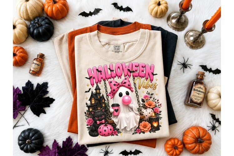 Halloween Vibes Ghost Pink Bow PNG Tee example image 1