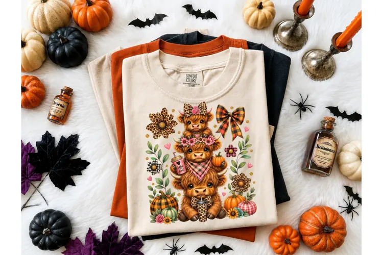 Highland Cow Fall Pumpkin PNG Tee Design