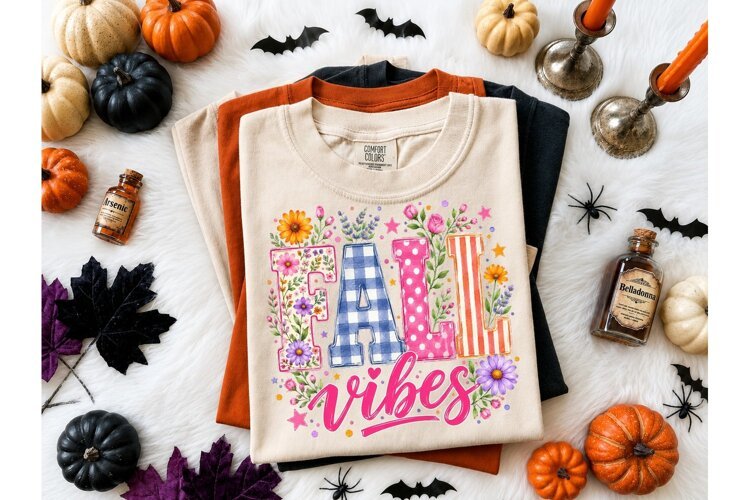 Fall Vibes Floral PNG Sublimation Tee example image 1