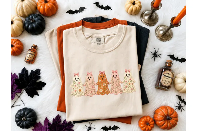 Floral Ghost Bow Halloween PNG Shirt-Floral Ghost Bow Hallow
