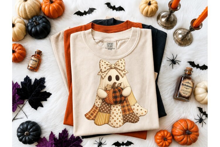 Patchwork Ghost Pumpkin PNG Fall Tee example image 1
