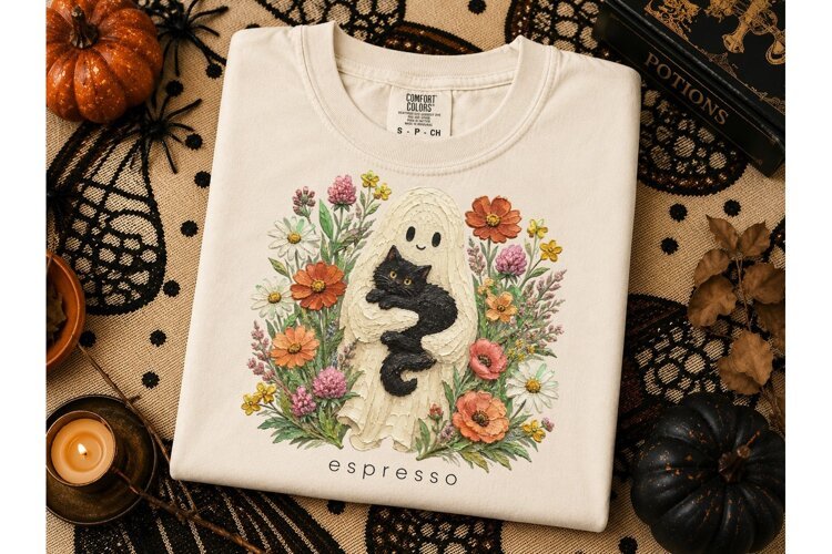 Ghost Black Cat Floral Halloween PNG Tee example image 1