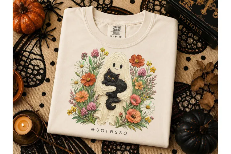 Ghost Black Cat Floral Halloween PNG Tee