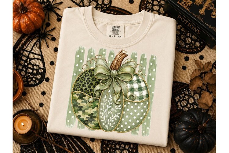 Green Pumpkin Bow Fall PNG Sublimation example image 1