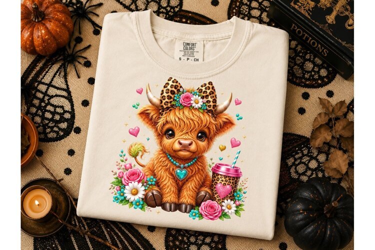 Highland Cow Floral Leopard PNG Tee example image 1