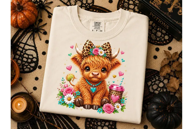 Highland Cow Floral Leopard PNG Tee