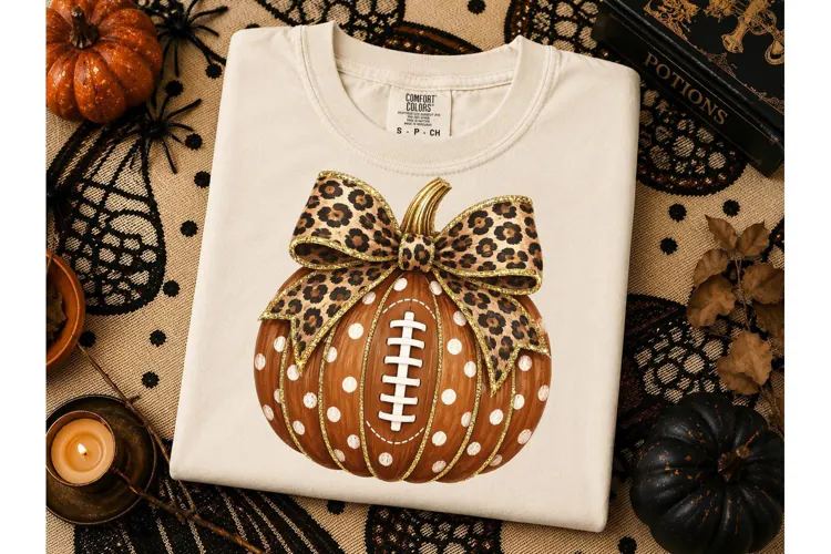 Football Pumpkin Leopard Bow PNG Tee