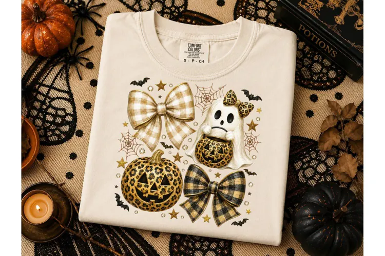 Halloween Ghost Pumpkin Bow PNG Tee