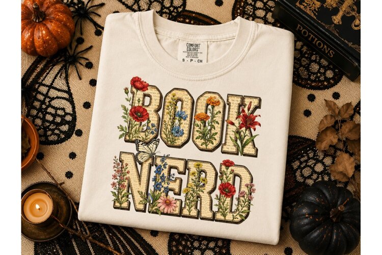 Book Nerd Wildflower PNG Sublimation Tee example image 1