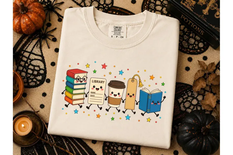 Kawaii Library Books Coffee PNG Tee