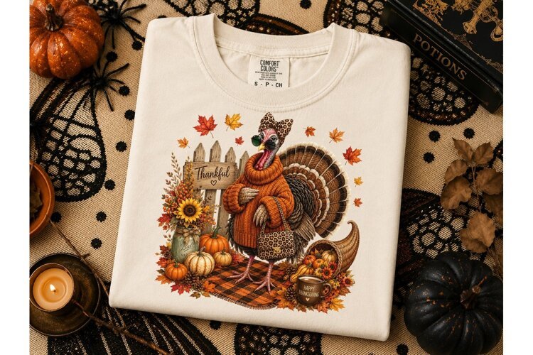 Thankful Turkey Fall PNG Sublimation Tee example image 1