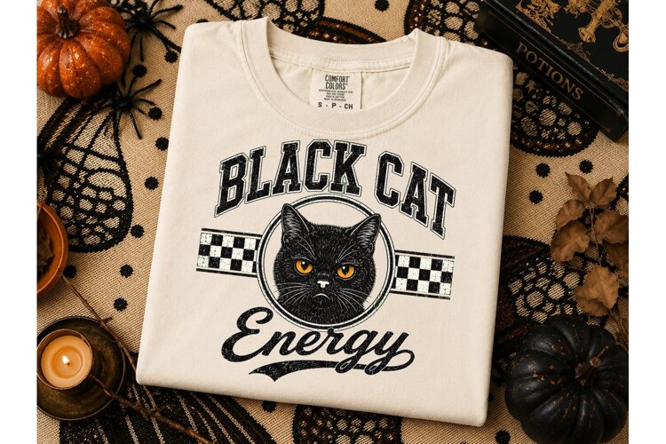 Black Cat Energy PNG Vintage Tee Design example image 1