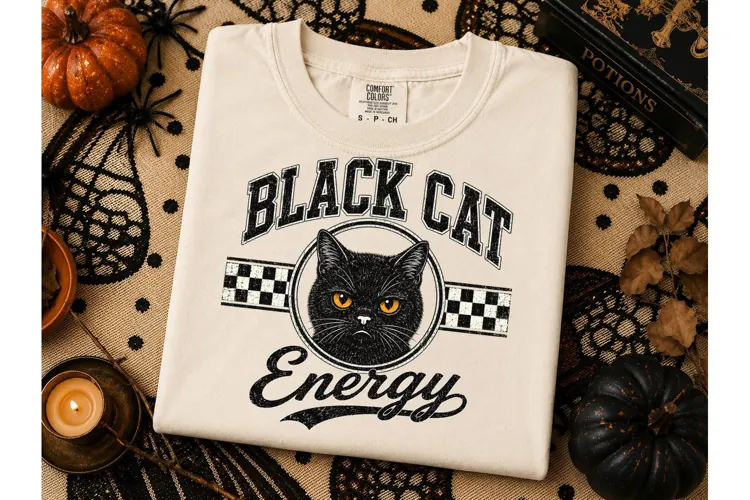 Black Cat Energy PNG Vintage Tee Design