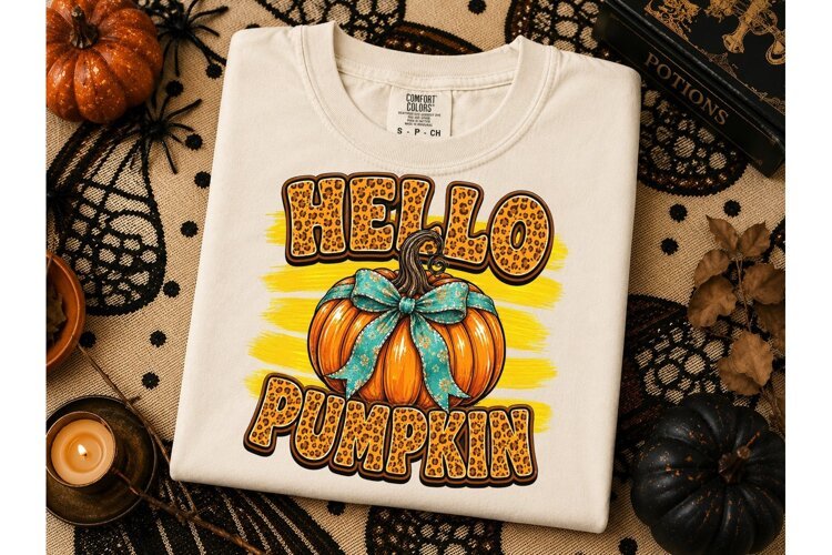 Hello Pumpkin Leopard Fall PNG Tee Desig example image 1