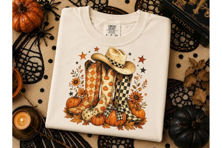 Fall Cowboy Boots Pumpkin PNG Tee Design