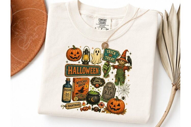 Halloween Vintage Collage PNG Tee Design example image 1