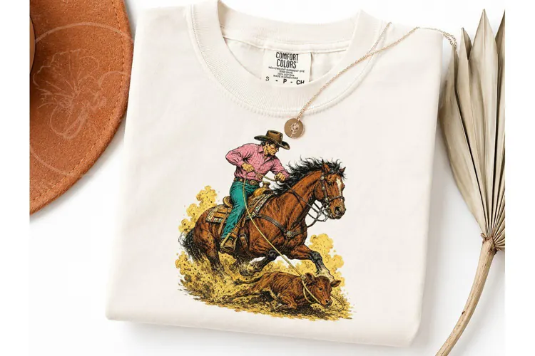 Cowboy Roping Calf Western PNG Tee