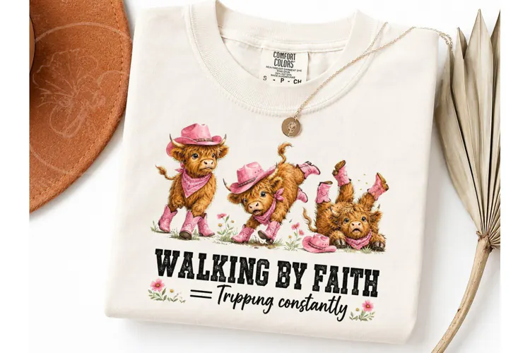 Walking By Faith Highland Cow PNG Tee